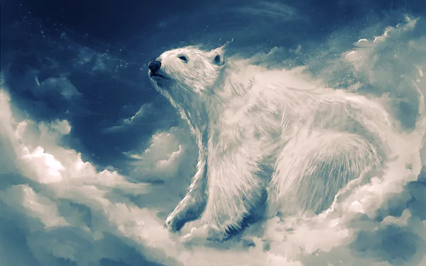 HD desktop wallpaper featuring a majestic polar bear amidst swirling clouds against a vivid sky.
