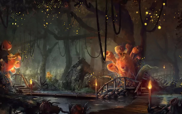A fantasy jungle landscape illuminated by torches and glowing plants, featuring wooden bridges across a mysterious misty swamp. HD desktop wallpaper.