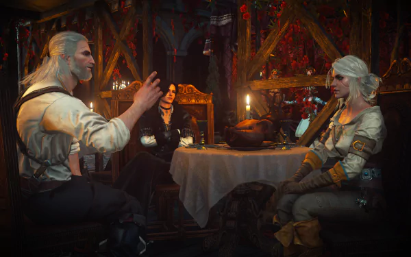 Geralt of Rivia, Yennefer of Vengerberg, and Ciri from The Witcher 3: Wild Hunt sit around a table in an HD desktop wallpaper. The scene features detailed graphics typical of a video game environment.