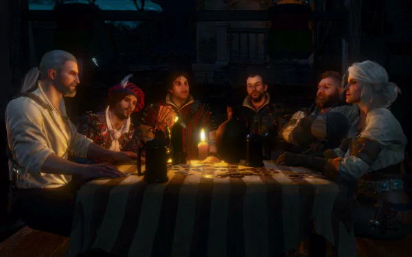 HD desktop wallpaper featuring characters from The Witcher 3: Wild Hunt, including Geralt of Rivia and Ciri, gathered around a table in a dimly lit setting.