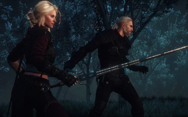 HD desktop wallpaper featuring Ciri and Geralt of Rivia from the video game The Witcher 3: Wild Hunt, both poised with their swords drawn against a dark forest backdrop.