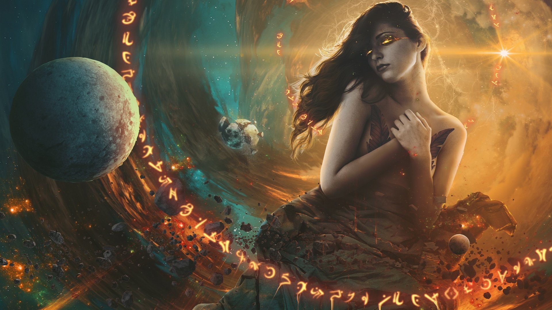 HD sci-fi desktop wallpaper featuring a mysterious woman amidst glowing runes and planets in a cosmic, otherworldly environment.