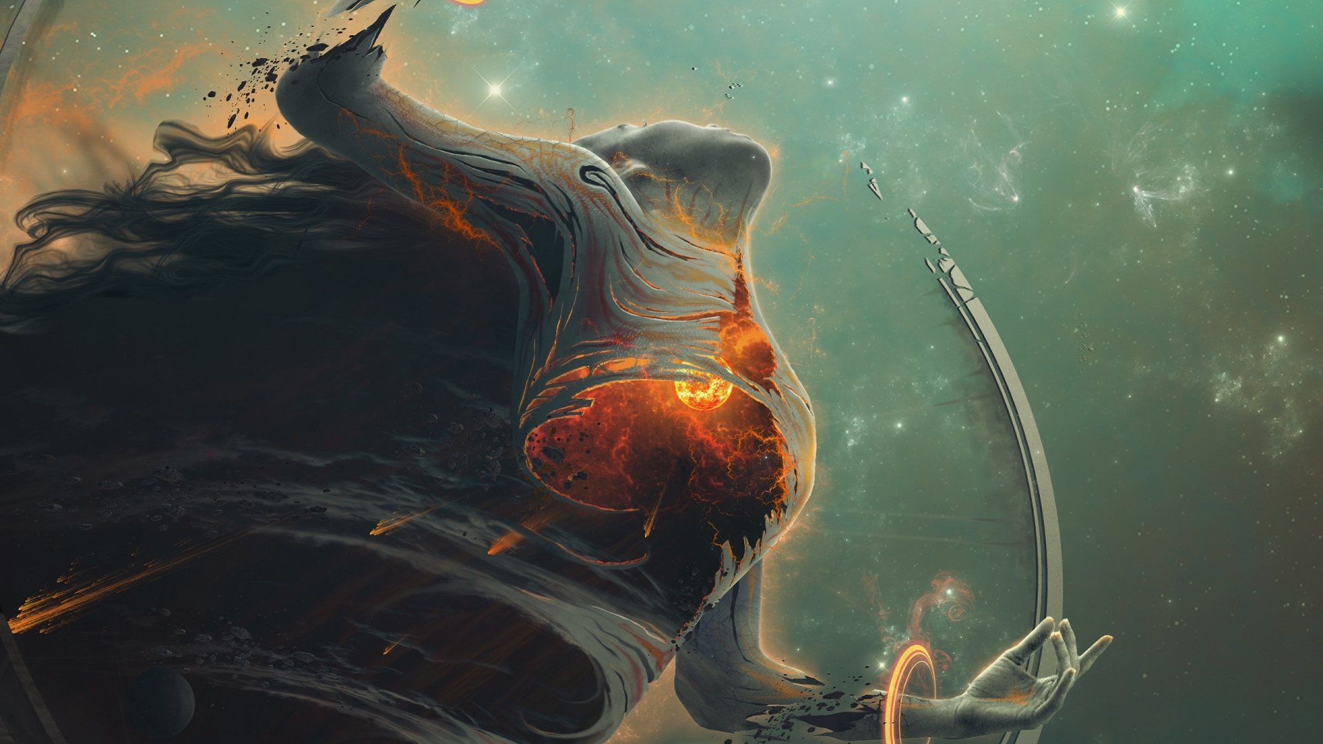 A stunning HD wallpaper featuring a Sci-Fi-themed woman enveloped in cosmic elements, blending with the mystique of space for a captivating background.