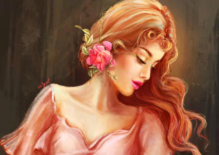 HD desktop wallpaper featuring an artistic painting of a redhead woman with flowing hair, red lipstick, and a pink rose tucked behind her ear.