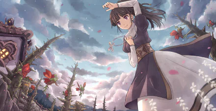 HD PC desktop wallpaper from the video game Tree of Savior, featuring a character in a dark dress amid a dramatic sky and thorny rose bushes.