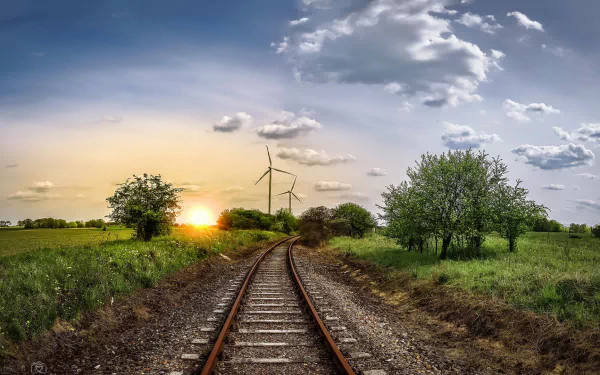 wind turbine sunrise sky man made railroad HD Desktop Wallpaper | Background Image