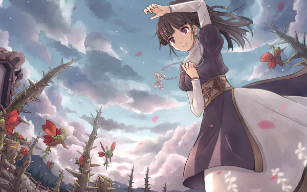 HD PC desktop wallpaper from the video game Tree of Savior, featuring a character in a dark dress amid a dramatic sky and thorny rose bushes.