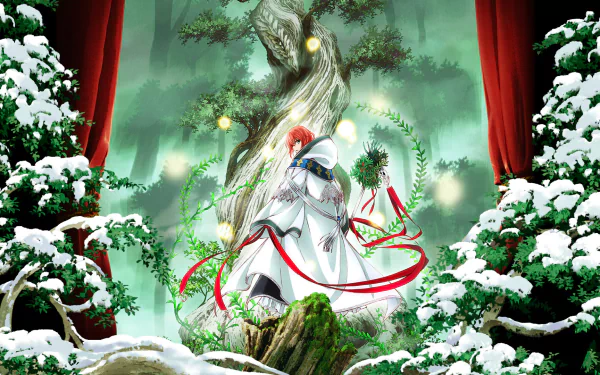 HD desktop wallpaper of Chise Hatori from the anime The Ancient Magus' Bride, standing in a mystical forest with red ribbons, surrounded by snow-covered trees and a large, glowing tree in the background.