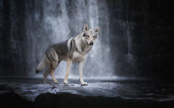 HD wallpaper of a wolfdog standing on a rock with a waterfall in the background.