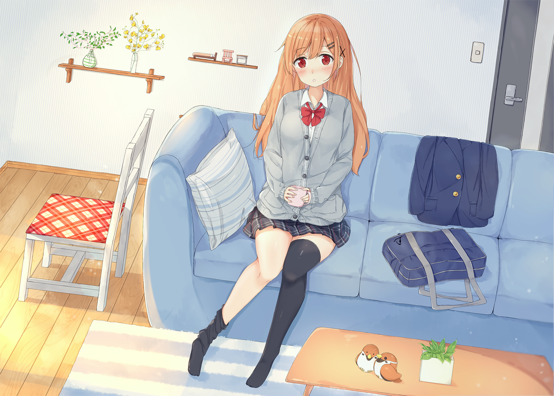 Anime schoolgirl with red eyes and thigh highs sitting on a blue sofa, with a school uniform, bag, and personal items in a cozy, brightly lit room. HD wallpaper.
