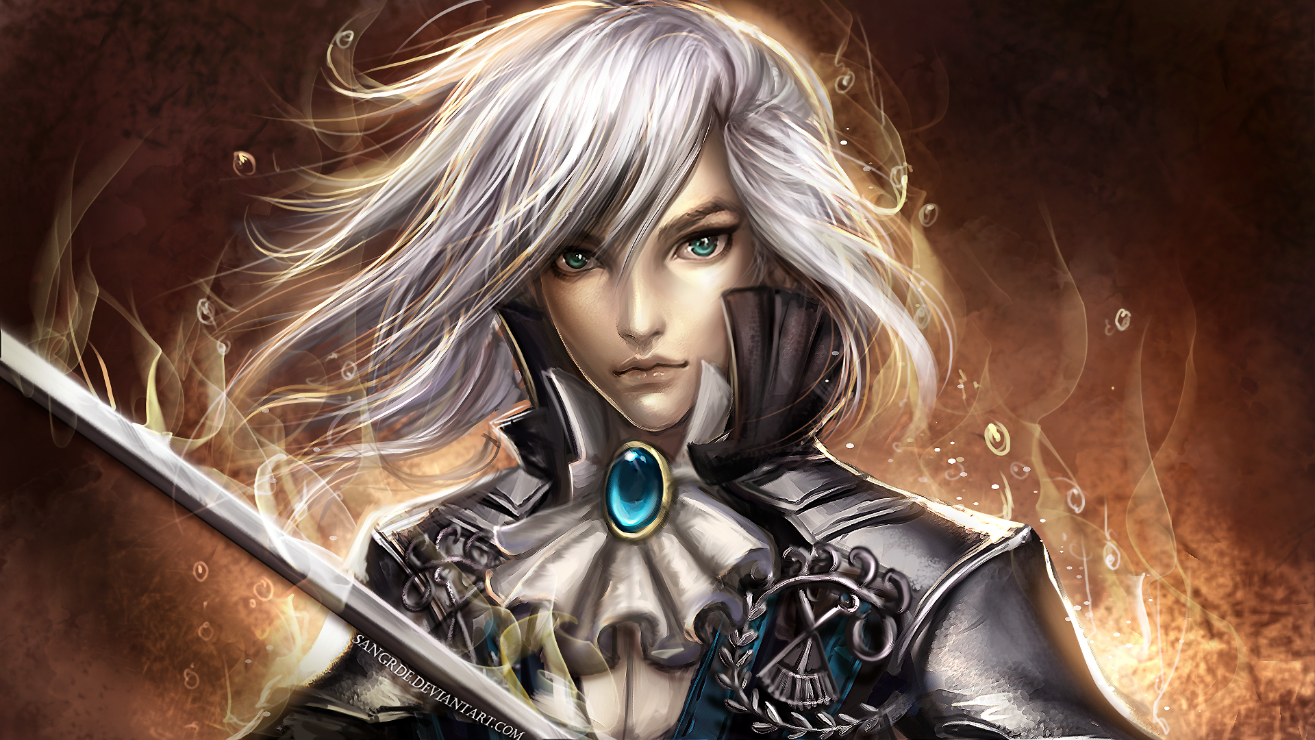 A fantasy warrior with white hair and piercing eyes grips a sword, adorned with a gemstone on their ornate dark armor, set against a fiery background.