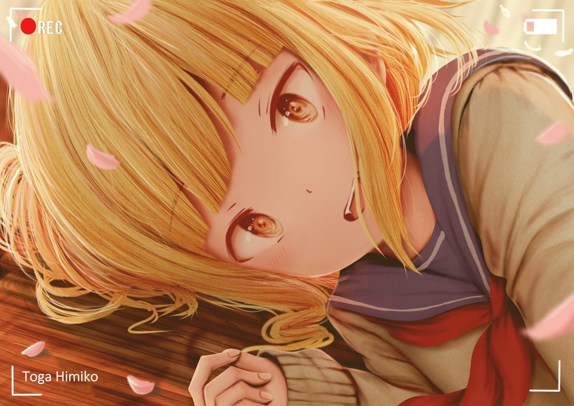 HD anime desktop wallpaper of Himiko Toga from My Hero Academia, featuring a close-up of her with soft lighting and falling cherry blossom petals.