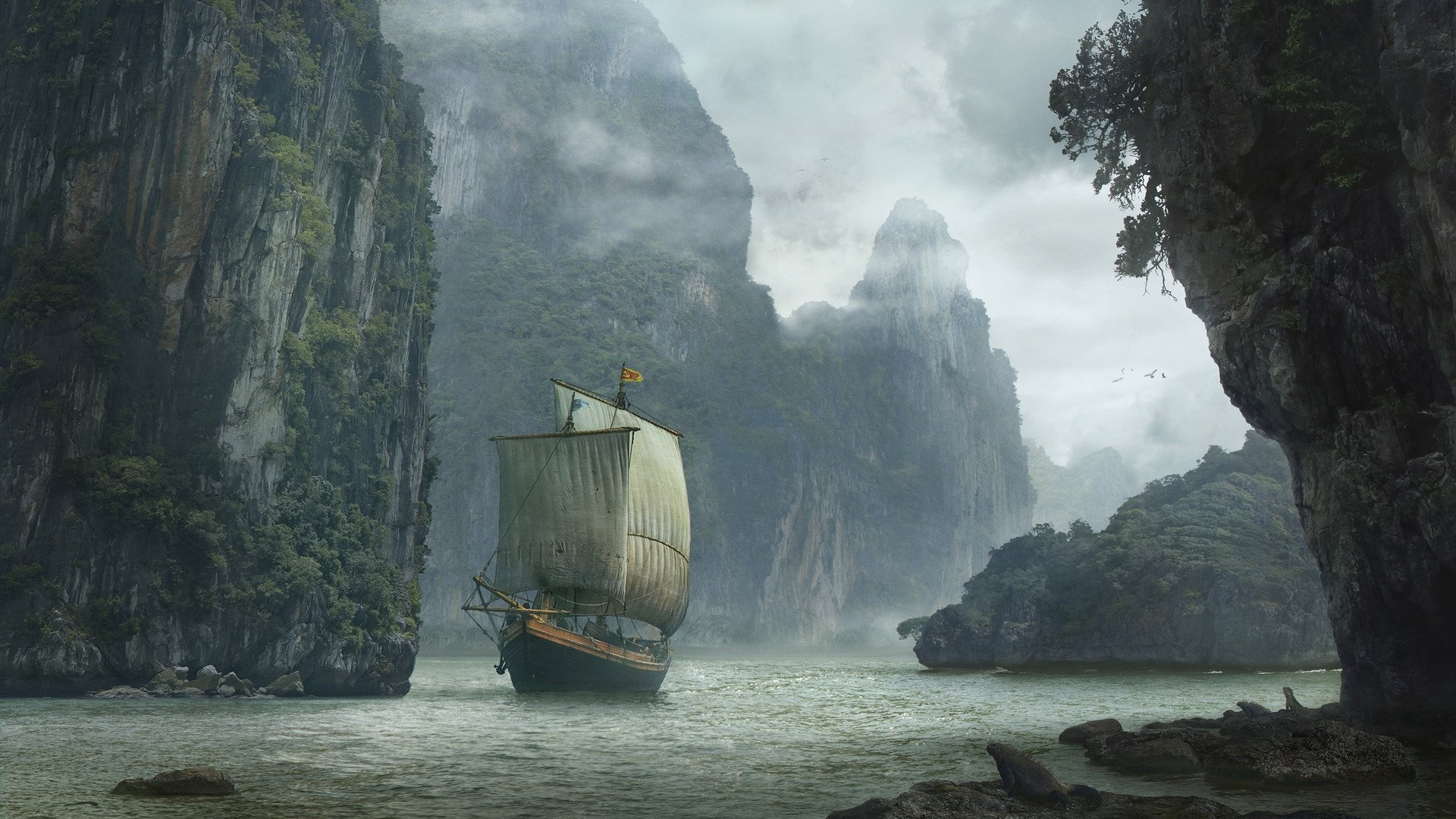 A fantasy HD desktop wallpaper depicting a ship sailing through a foggy, cliff-lined landscape.