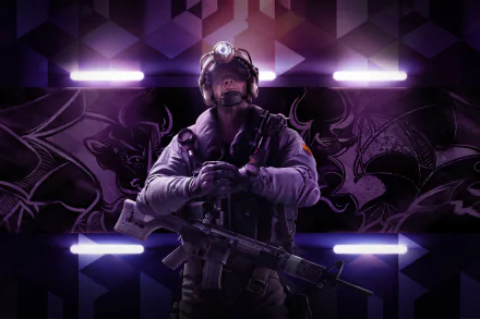 4K Ultra HD PC wallpaper featuring Jackal from Tom Clancy's Rainbow Six: Siege, set against a dark purple geometric background with glowing light accents.