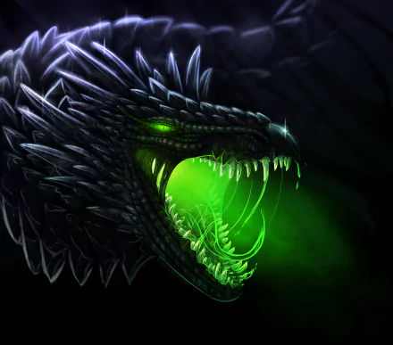 HD fantasy desktop wallpaper featuring a fierce green dragon beast with glowing eyes and open jaws emitting green light in a dark, detailed setting.