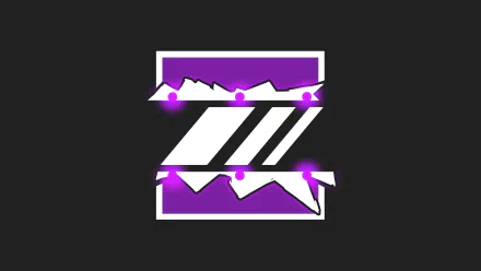 Minimalist gaming 8K Ultra HD PC wallpaper of Mira (Tom Clancy's Rainbow Six: Siege): stylized purple shattered window emblem with white diagonal stripes on a dark background.