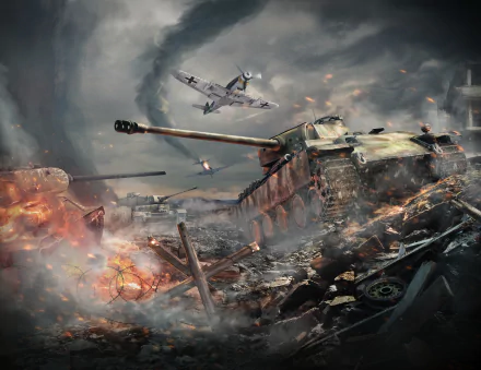 HD desktop wallpaper depicting an intense War Thunder video game battle with warplanes and tanks clashing amidst fiery explosions and smoke.