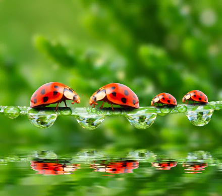 Macro HD wallpaper of a ladybug walking on a water-covered surface, with clear water drops and crisp reflections against a vibrant green background.
