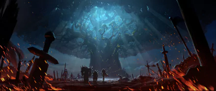 HD desktop wallpaper for World of Warcraft: Battle for Azeroth showing a dramatic scene with warriors, swords, and a large tree under a dark, mystical sky.