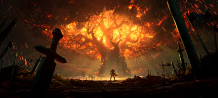 HD desktop wallpaper from World of Warcraft: Battle for Azeroth, featuring a warrior with a sword facing a burning tree amidst a fiery landscape.