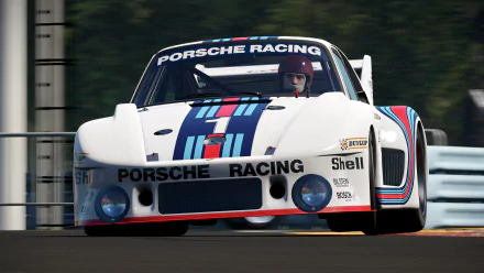 White Porsche 935 race car with Martini livery on track from Project Cars 2, rendered as a 4K Ultra HD PC desktop wallpaper/background.