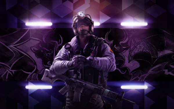 4K Ultra HD PC wallpaper featuring Jackal from Tom Clancy's Rainbow Six: Siege, set against a dark purple geometric background with glowing light accents.