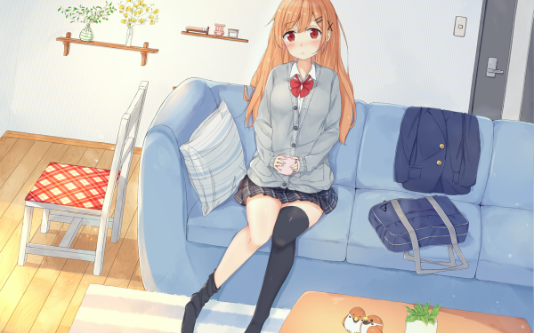 Anime Original Schoolgirl School Uniform Bag Thigh Highs Red Eyes HD Wallpaper | Background Image
