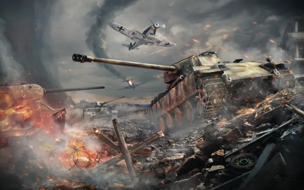 HD desktop wallpaper depicting an intense War Thunder video game battle with warplanes and tanks clashing amidst fiery explosions and smoke.
