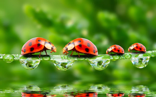 Macro HD wallpaper of a ladybug walking on a water-covered surface, with clear water drops and crisp reflections against a vibrant green background.