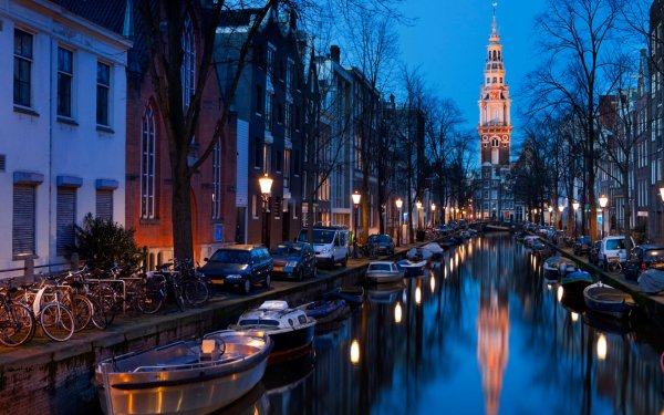 Man Made Amsterdam Cities Netherlands Night Canal Church Reflection HD Wallpaper | Background Image