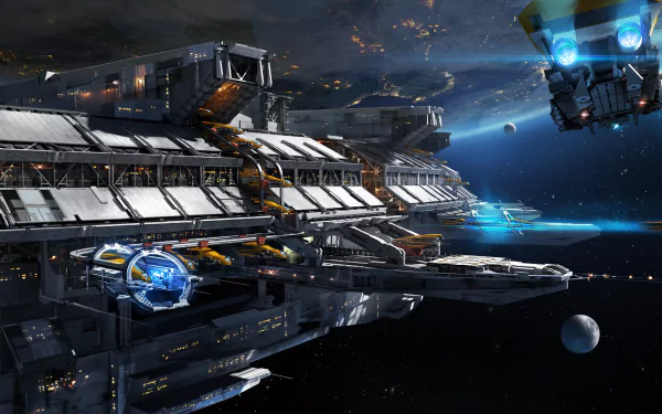 A high-definition desktop wallpaper featuring a massive space station with spaceships docked and a nearby planet in a striking sci-fi setting.