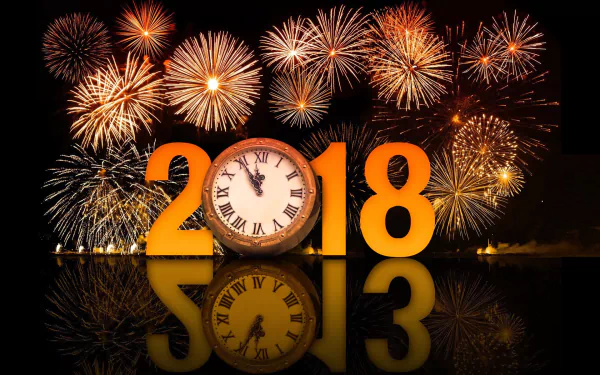 HD wallpaper featuring a clock and golden 2018 with vibrant fireworks in the background, celebrating New Year 2018.