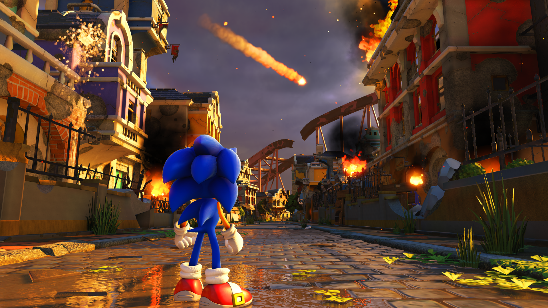 Sonic the Hedgehog stands in a fiery, battle-torn cityscape from Sonic Forces, rendered in vibrant 4K Ultra HD for PC desktop wallpaper.