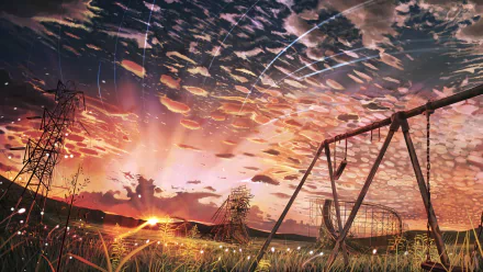 HD Anime desktop wallpaper featuring a stunning sunset under a dramatic cloud-filled sky with scenic elements, such as a field and swingset, creating a serene and mesmerizing background.