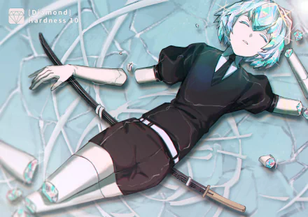 HD desktop wallpaper featuring Diamond from the anime Land of the Lustrous. Diamond is depicted lying down, surrounded by shattered limbs and delicate shards.