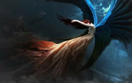 A stunning HD wallpaper featuring a redheaded angel in a flowing dress, with large, vibrant wings against a cloudy, fantasy backdrop.