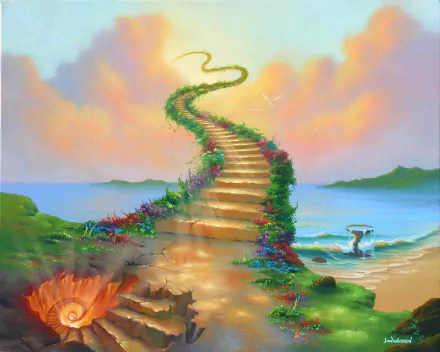 A fantasy painting featuring a staircase covered in flowers leading to the sky, set against a scenic backdrop of the ocean under a colorful sky with a bird in flight. HD desktop wallpaper.