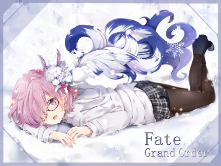Anime HD desktop wallpaper featuring Shielder and Fou from Fate/Grand Order, with Shielder wearing glasses and a plaid skirt, lying on a snowy surface alongside Fou in a whimsical, wintry setting.