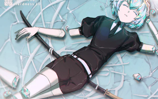 HD desktop wallpaper featuring Diamond from the anime Land of the Lustrous. Diamond is depicted lying down, surrounded by shattered limbs and delicate shards.