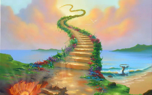 A fantasy painting featuring a staircase covered in flowers leading to the sky, set against a scenic backdrop of the ocean under a colorful sky with a bird in flight. HD desktop wallpaper.