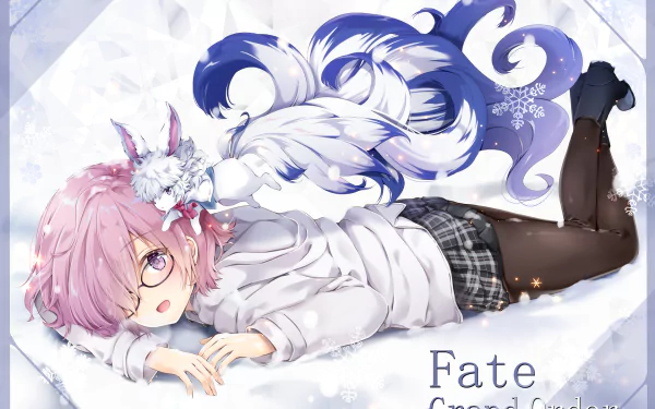 Anime HD desktop wallpaper featuring Shielder and Fou from Fate/Grand Order, with Shielder wearing glasses and a plaid skirt, lying on a snowy surface alongside Fou in a whimsical, wintry setting.