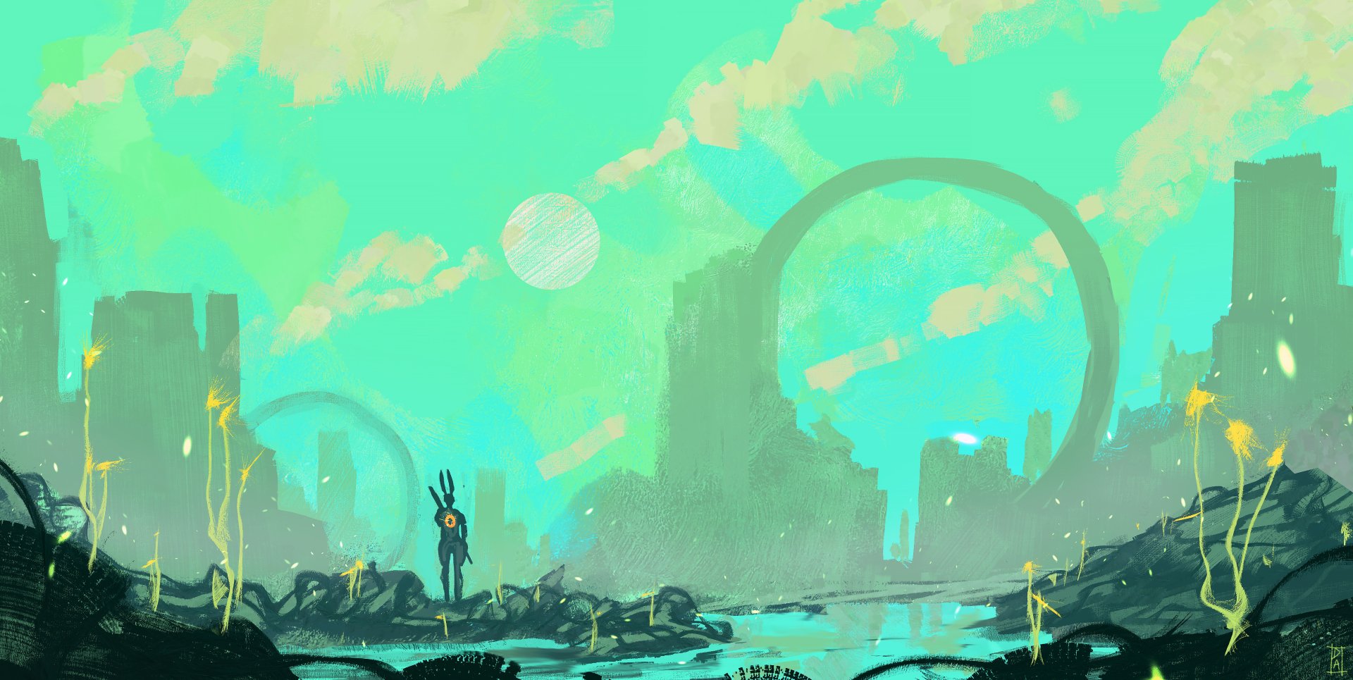 HD PC desktop wallpaper featuring a vibrant sci-fi landscape with futuristic ruins, glowing vegetation, and large circular structures under a bright, cloudy sky.