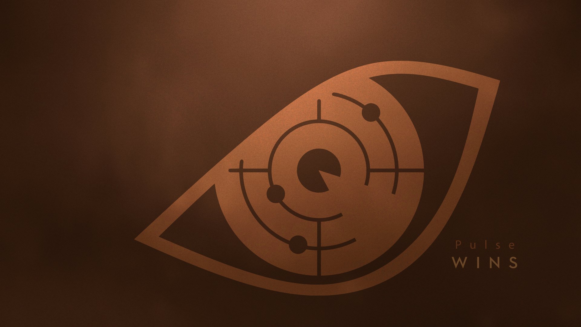 Minimalist gaming 8K Ultra HD PC wallpaper of Pulse from Tom Clancy’s Rainbow Six: Siege — a bronze radar-eye emblem with concentric circles and dots on a dark brown background.