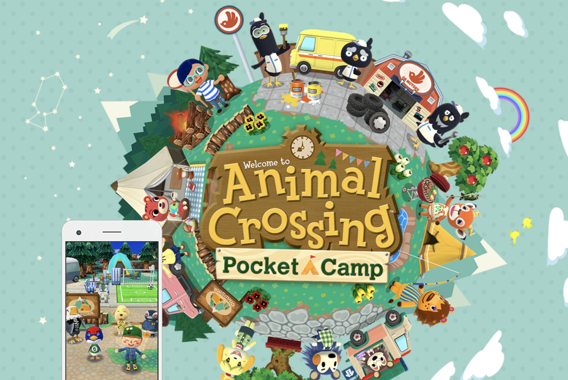 HD wallpaper of Animal Crossing: Pocket Camp featuring in-game characters and scenery for a desktop background.