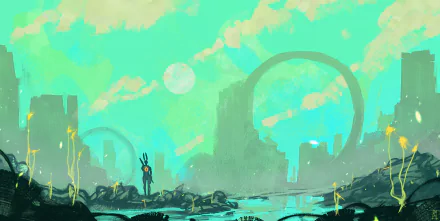 HD PC desktop wallpaper featuring a vibrant sci-fi landscape with futuristic ruins, glowing vegetation, and large circular structures under a bright, cloudy sky.