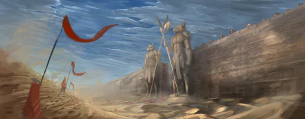 HD fantasy landscape wallpaper featuring towering statues resembling armored creatures guarding a vast desert wall with flowing red banners amid sand dunes.