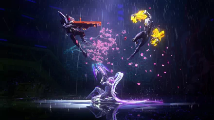 HD wallpaper featuring League of Legends champions Vayne, VI, and Jhin in a dynamic, action-packed scene with a futuristic, neon-lit background.
