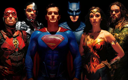 A high-definition desktop wallpaper featuring the main characters from the 2017 Justice League movie: The Flash, Cyborg, Superman, Batman, Wonder Woman, and Aquaman, from DC Comics.