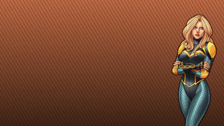 HD desktop wallpaper featuring blonde DC Comics character Black Canary with blue eyes, wearing fishnet stockings and a black and yellow costume against a textured brown background.