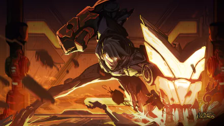 HD desktop wallpaper featuring VI, a character from the video game League of Legends, striking a dynamic pose with an intense, fiery background.